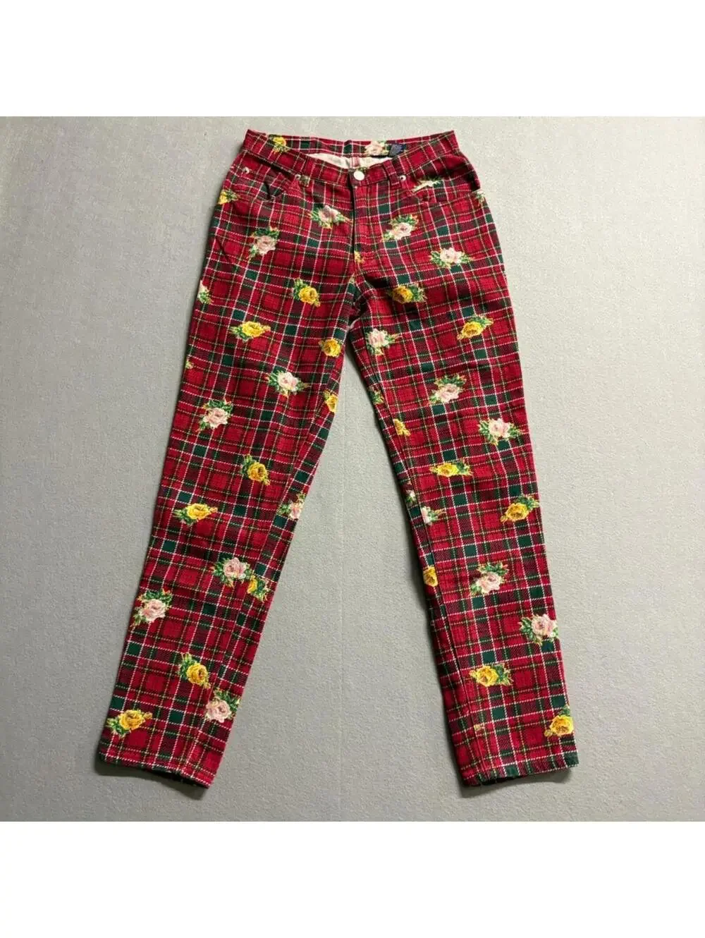 Vintage Gap Denim Plaid Floral Jeans Womens 26 Red Tartan Rose Print 90s - Picture 1 of 11